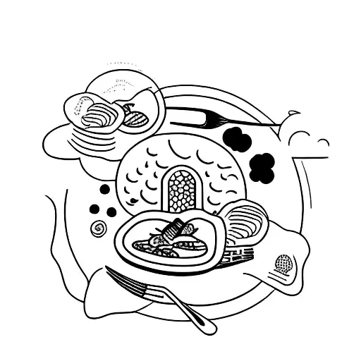 A minimalist tattoo of a plate of delicious food with a conversation bubble coming out of it. tattoo design idea