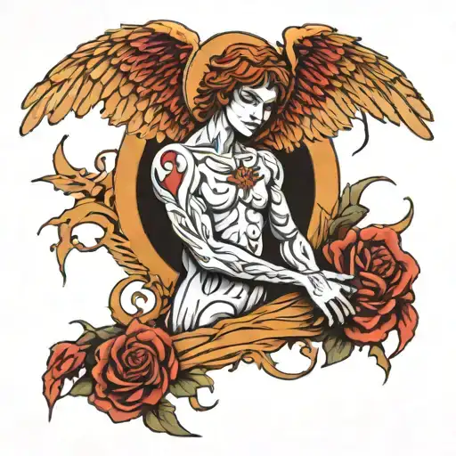 angel covered in wounds protecting his family tattoo design idea