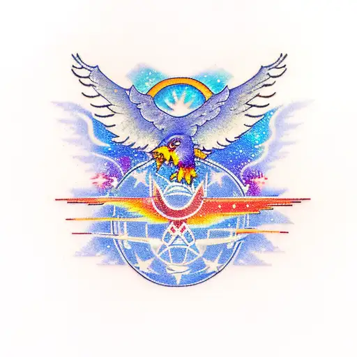 A tattoo design featuring a pixelated eagle soaring through space, symbolizing the client's love for gaming and space exploration tattoo design idea
