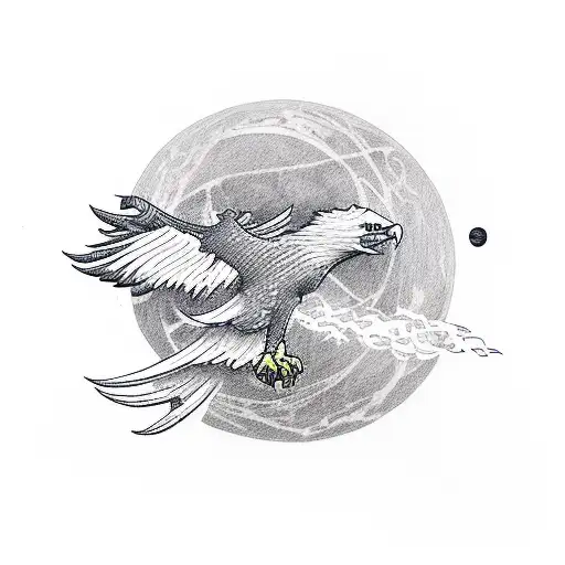 A tattoo design featuring a pixelated eagle soaring through space, symbolizing the client's love for gaming and space exploration tattoo design idea