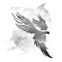 A tattoo design featuring a pixelated eagle soaring through space, symbolizing the client's love for gaming and space exploration tattoo design idea