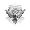 A tattoo design featuring a pixelated eagle soaring through space, symbolizing the client's love for gaming and space exploration tattoo design idea