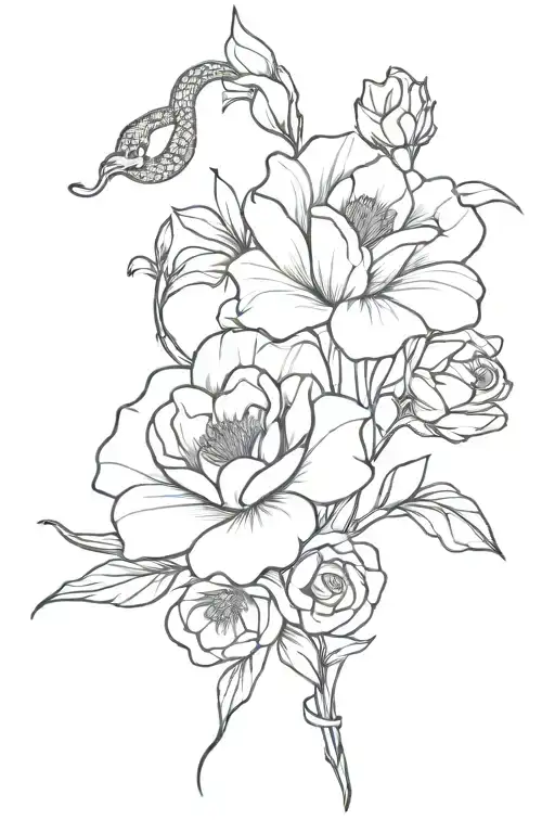 Snake, Gladiola, carnation, daisy, violet and roses tattoo design idea
