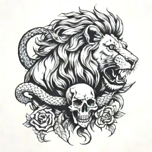 lion with skull with a snake tattoo design idea