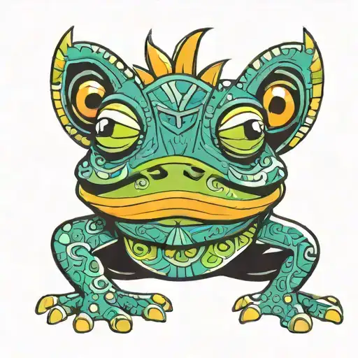Frog wearing aztec war mask tattoo design idea