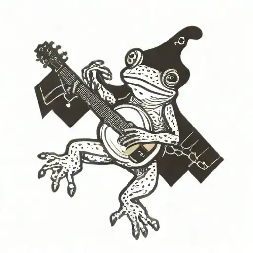 A blackwork tattoo of a frog playing a guitar inspired by a favorite music album cover tattoo design idea