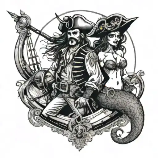 A fierce pirate captain with a mermaid companion, standing on the deck of a ship with the sea stretching out behind them tattoo design idea