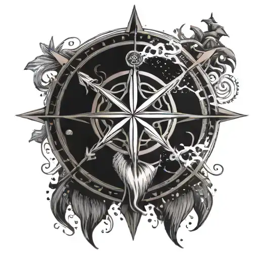 An intricate compass rose with elements of a pirate flag and a mermaid's tail tattoo design idea