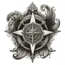 An intricate compass rose with elements of a pirate flag and a mermaid's tail tattoo design idea