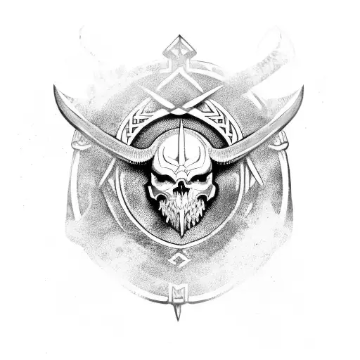 viking skull with shield with two crossed axes tattoo design idea