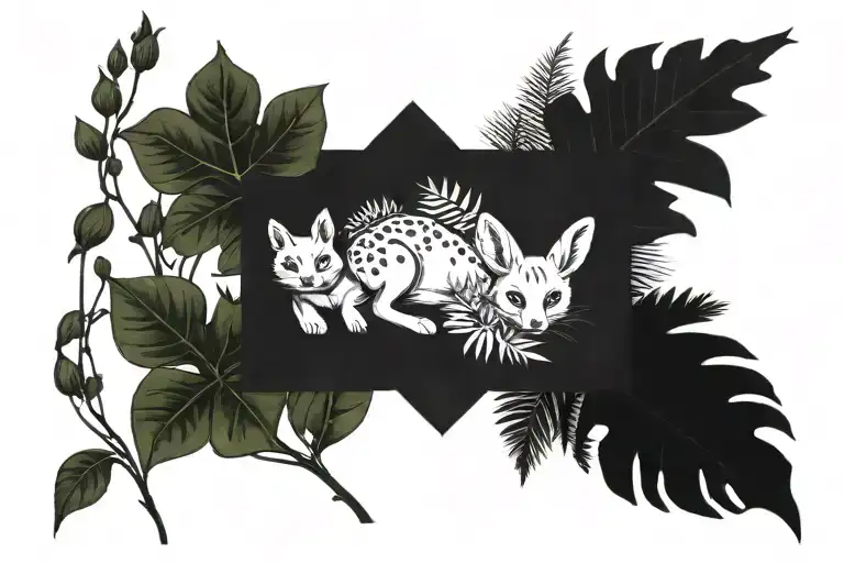 Realistic Rabbit and Fox in Monstera Leaves and Ferns tattoo design idea