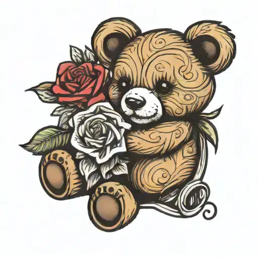 teddy bear holding rose intertwined tattoo design idea