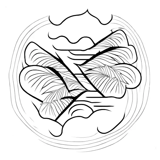 black and white outline of one cat palm leaf tattoo design idea