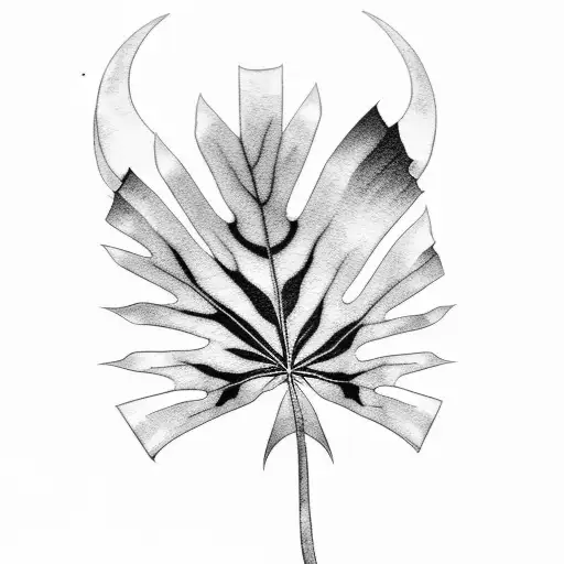 black and white outline of one cat palm leaf tattoo design idea