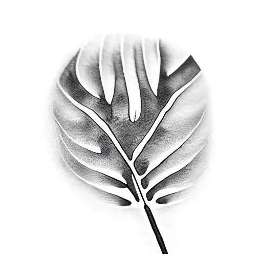 black and white outline of one cat palm leaf tattoo design idea