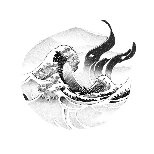 electric guitar with the great wave off kanagawa inside the body tattoo design idea