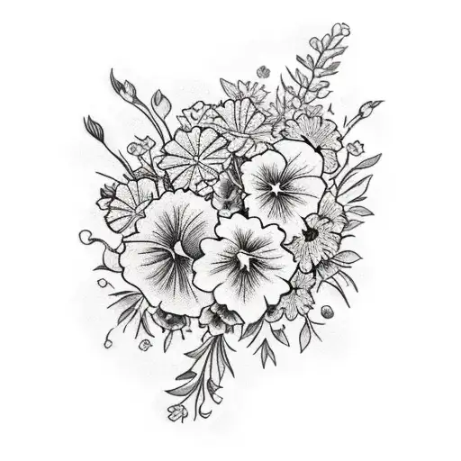 bouquet of flowers including hibiscus, pansies, daisies, begonias, and roses tattoo design idea
