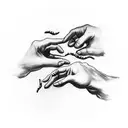 a tattoo idea based on the hands in the famous drawing "The Creation of Adam" while one hand is clearly holding candy tattoo design idea
