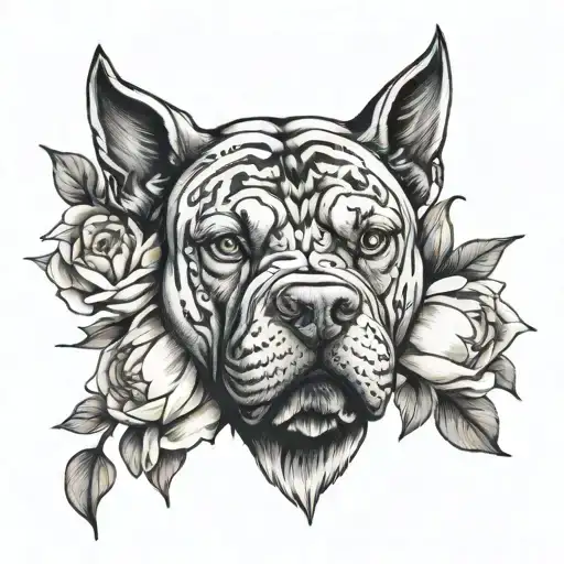 armband with lily flowers, peony, fushia and cane corso head, cat head and Norman cow head tattoo design idea