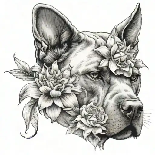 lily, fushia and peony flowers with cat's head, cane corso's head and cow's head tattoo design idea