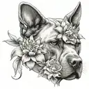 lily, fushia and peony flowers with cat's head, cane corso's head and cow's head tattoo design idea