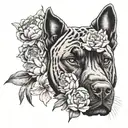 lily, fushia and peony flowers with cat's head, cane corso's head and cow's head tattoo design idea