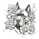 lily, fushia and peony flowers with cat's head, cane corso's head and cow's head tattoo design idea