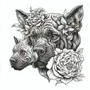 lily, fushia and peony flowers with cat's head, cane corso's head and cow's head tattoo design idea