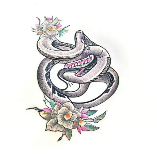 snake wrapping around a branch with flowers around tattoo design idea