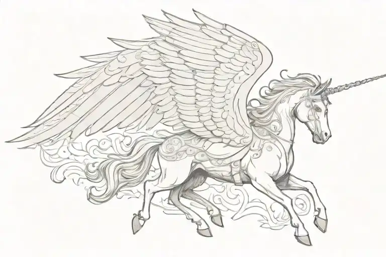 laying down pegasus unicorn wings medieval tattoo design idea