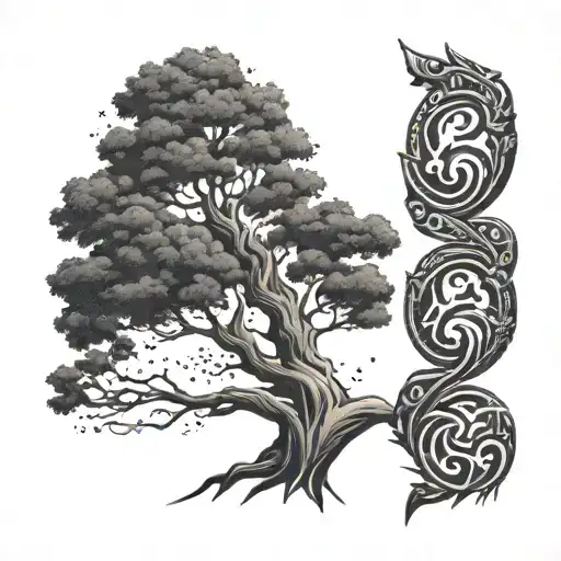 A dotwork tattoo of a majestic tree with Viking symbols carved into its trunk tattoo design idea