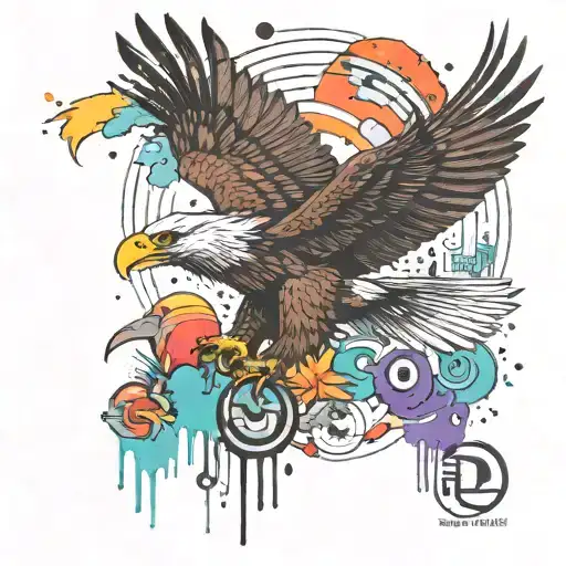 A tattoo of an eagle soaring through a colorful abstract landscape, with musical notes and art supplies scattered around, representing the client's diverse passions tattoo design idea