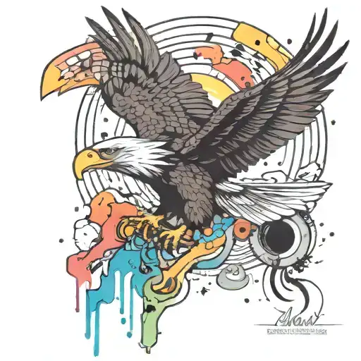 A tattoo of an eagle soaring through a colorful abstract landscape, with musical notes and art supplies scattered around, representing the client's diverse passions tattoo design idea