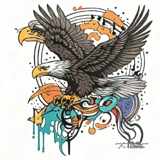 A tattoo of an eagle soaring through a colorful abstract landscape, with musical notes and art supplies scattered around, representing the client's diverse passions tattoo design idea