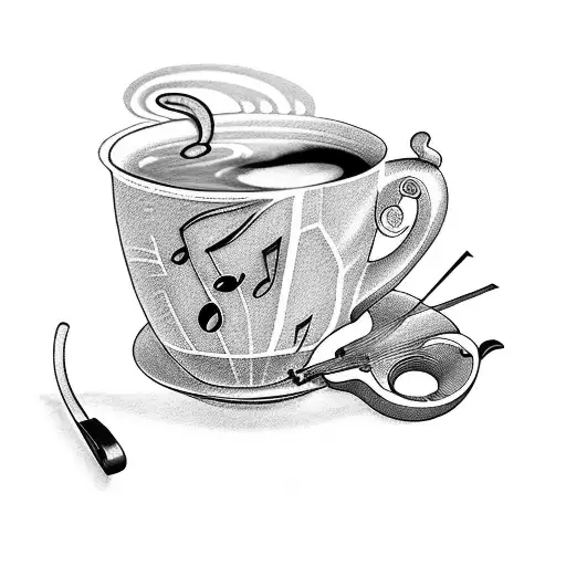 A café cup filled with musical notes and a violin bow as the handle tattoo design idea