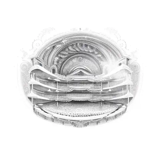 A detailed sketch of a vintage opera house with waves crashing in the background tattoo design idea