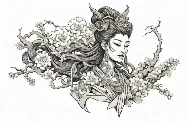 geosha with hel goddess bust statue tattoo design idea