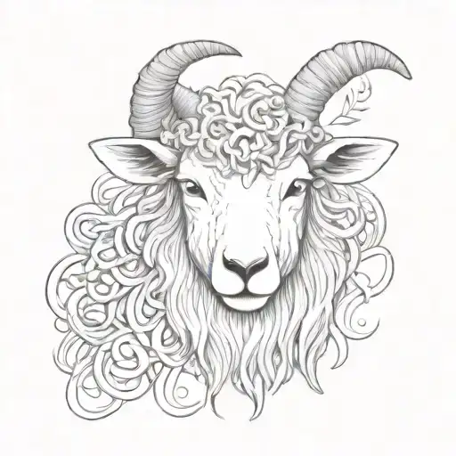 lamb head with hair as different names of God surrounded tattoo design idea