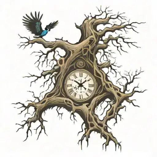 dead tree with roots and clock inbedded in tree with birds flying around it tattoo design idea
