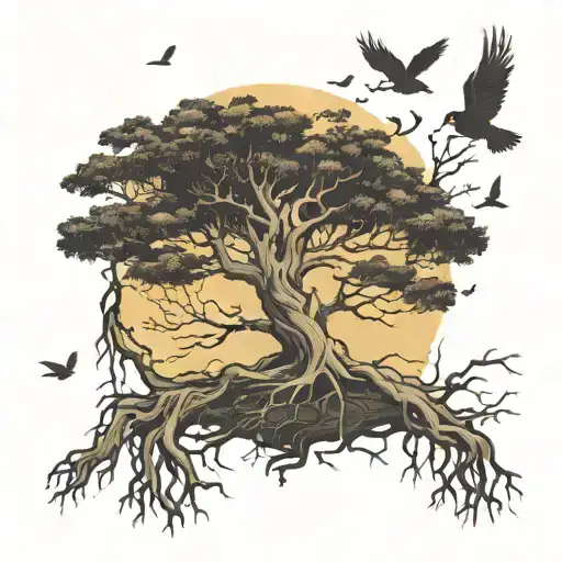 dead tree with roots with birds flying around it tattoo design idea