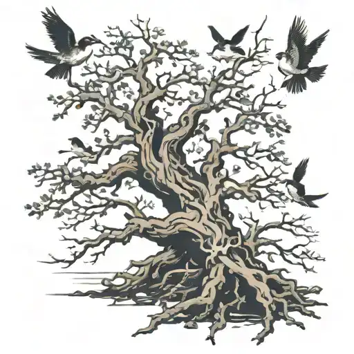 dead tree with roots with birds flying around it tattoo design idea
