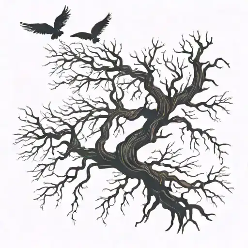 dead tree with roots with birds flying around it tattoo design idea