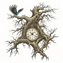 dead tree with roots and clock inbedded in tree with birds flying around it tattoo design idea