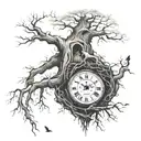 dead tree with roots and clock inbedded in tree with birds flying around it tattoo design idea