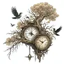 dead tree with roots and clock inbedded in tree with birds flying around it tattoo design idea