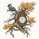 dead tree with roots and clock inbedded in tree with birds flying around it tattoo design idea