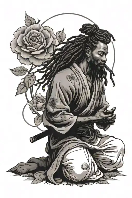 Black samurai with dreadlocks meditating in rose garden  tattoo design idea