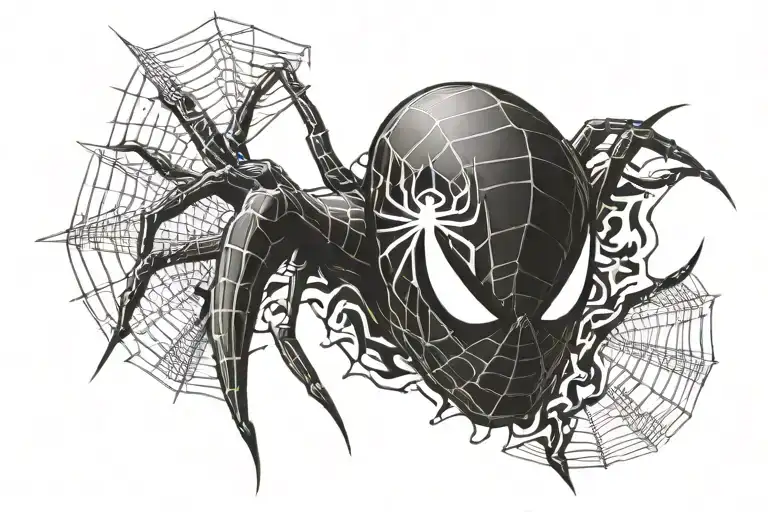 A blackwork design of Spiderman's spider logo with a comic book style background tattoo design idea