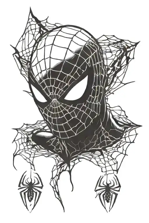A blackwork design of Spiderman's iconic mask with web detailing tattoo design idea