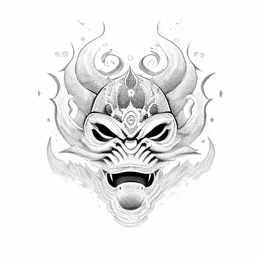 half oni mask with waves tattoo design idea